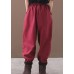 burgundy women elastic waist cotton trousers plus size false pockets harem pants