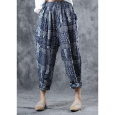 fall new blue prints women pants linen blended elastic waist harem pants