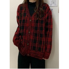Chunky red plaid knit coats Loose fitting winter knit sweat tops v neck