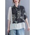 Vintage Black Peter Pan Collar Button Patchwork Print Fall Shirt Half Sleeve