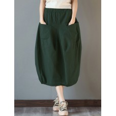 Women Elastic High Waist Basic Cotton Midi Skirts