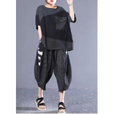 Natural cotton Blouse Organic Striped Spliced Short Sleeve Blouse And Pants