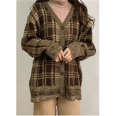 Cute brown plaid knit cardigans Loose fitting winter knit outwear v neck