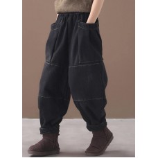 2019 winter black patchwork cotton pants two pockets thick denim pants