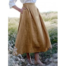 Solid Color Elastic Waist Linen Cotton Loose Hem Skirts
