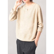 Cozy beige knit tops casual long sleeve  sweater patchwork